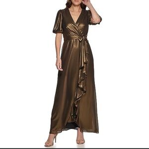 NEW DKNY Women's Foil Chiffon Ruffle Skirt V-Neck Dress Size US 2♟️